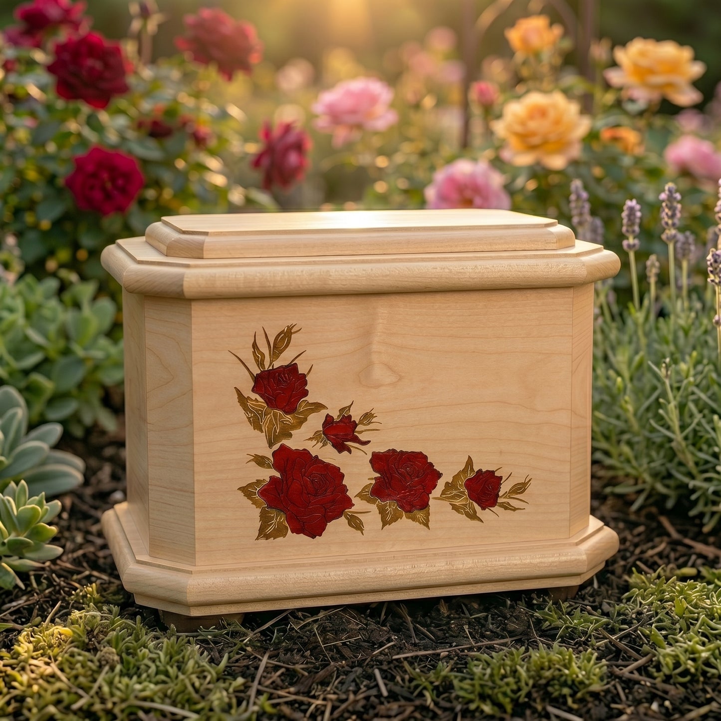 Octogon Inlay Roses Wood Memorial