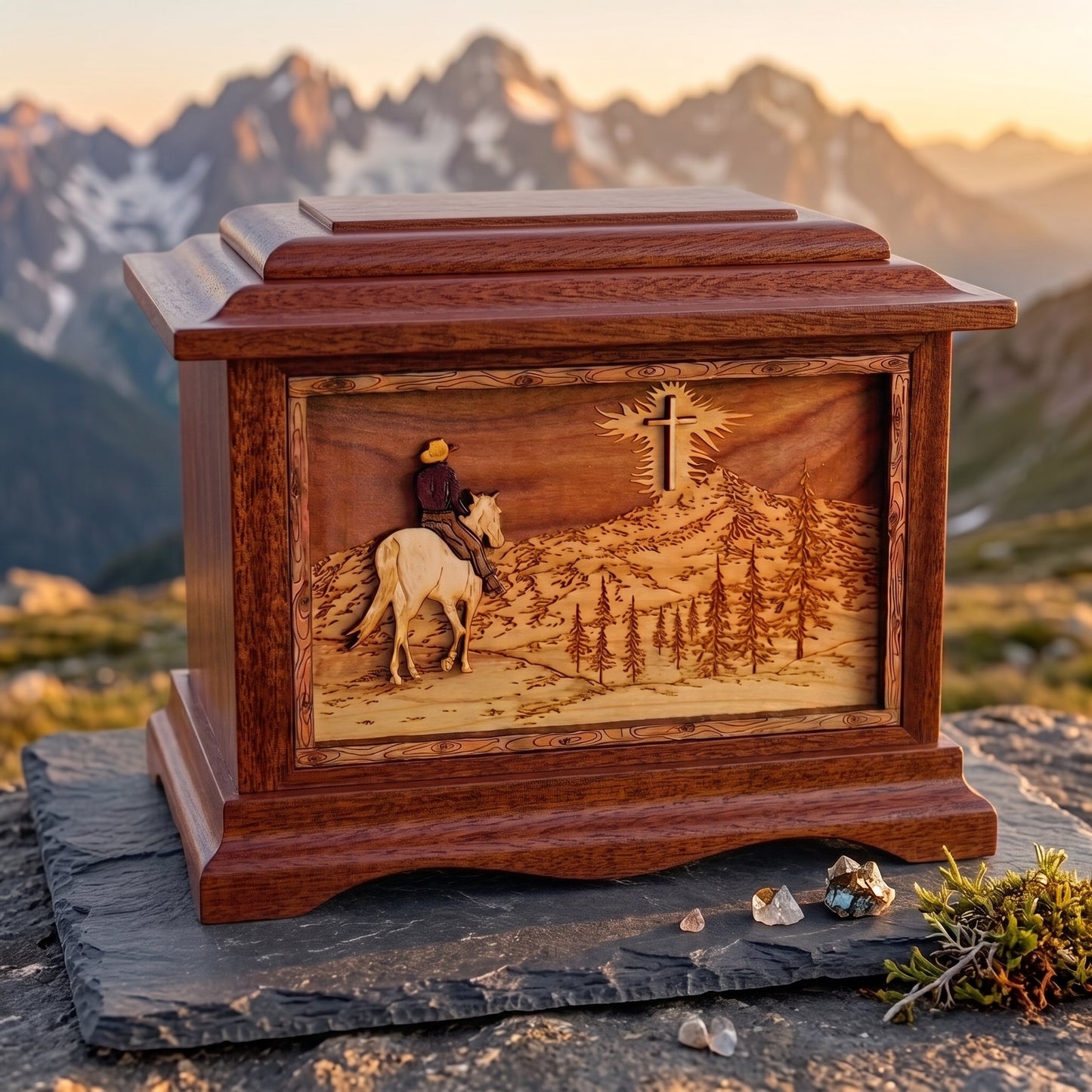 Ambassador Riding Home Mountains w/Cross Wood Memorial