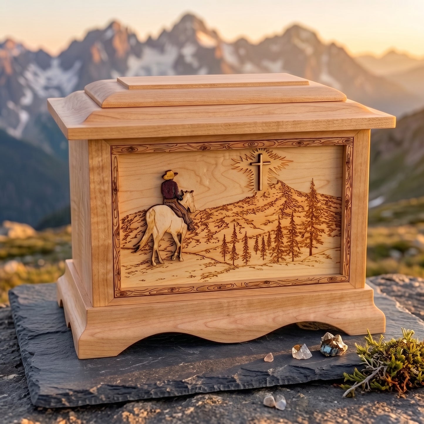 Ambassador Riding Home Mountains w/Cross Wood Memorial