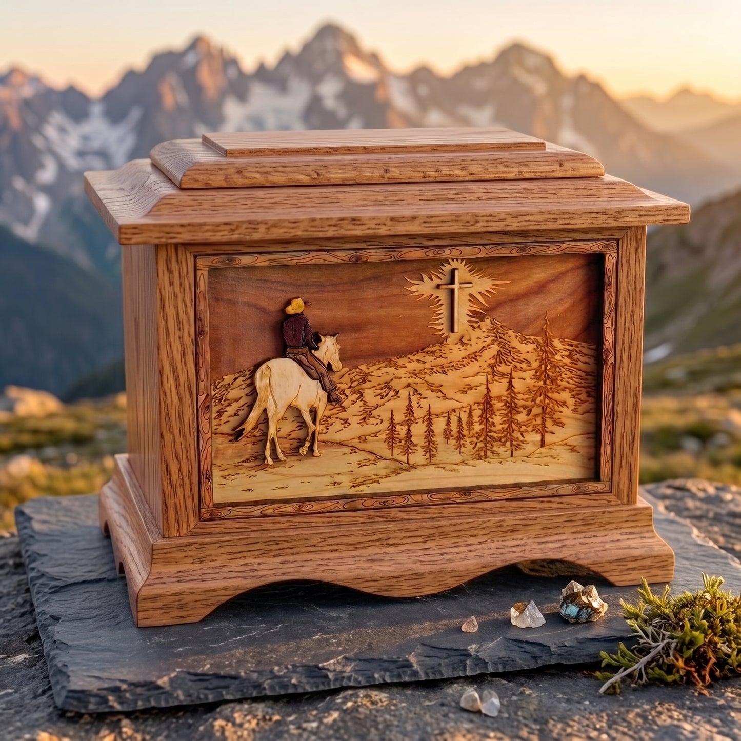 Ambassador Riding Home Mountains w/Cross Wood Memorial