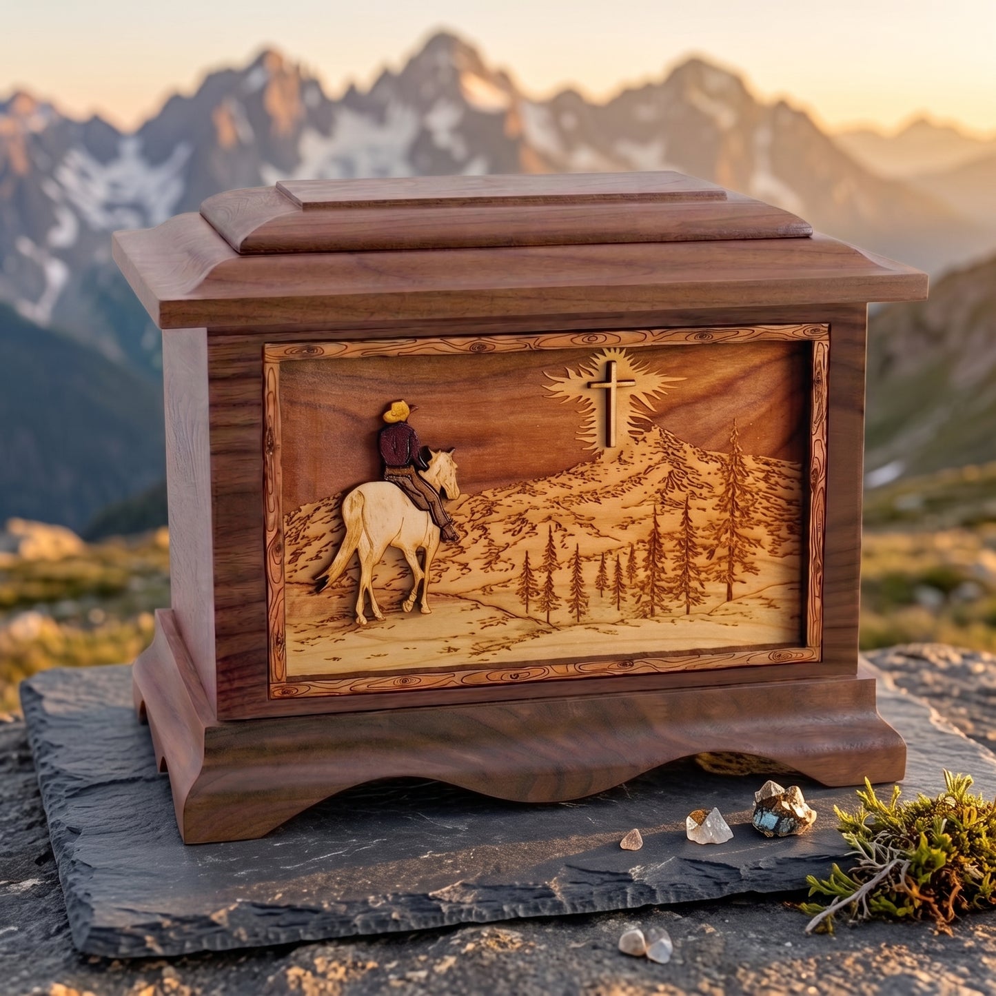 Ambassador Riding Home Mountains w/Cross Wood Memorial