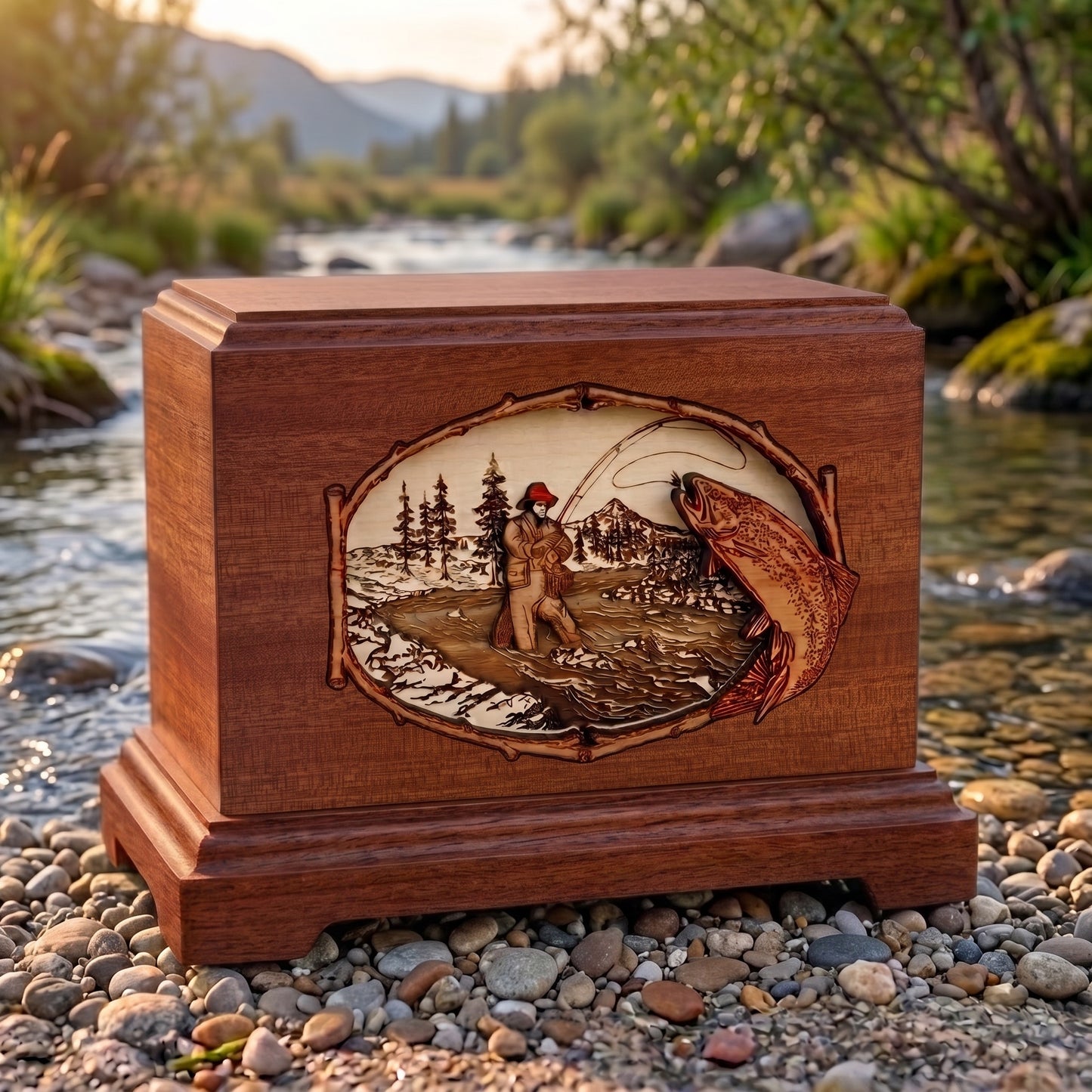 Hampton 3D Inlay Trout Stream Fishing Wood Memorial