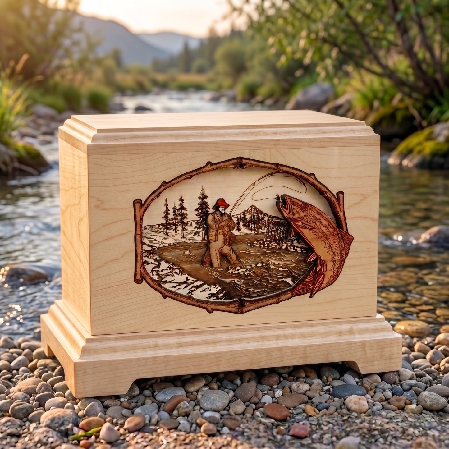 Hampton 3D Inlay Trout Stream Fishing Wood Memorial