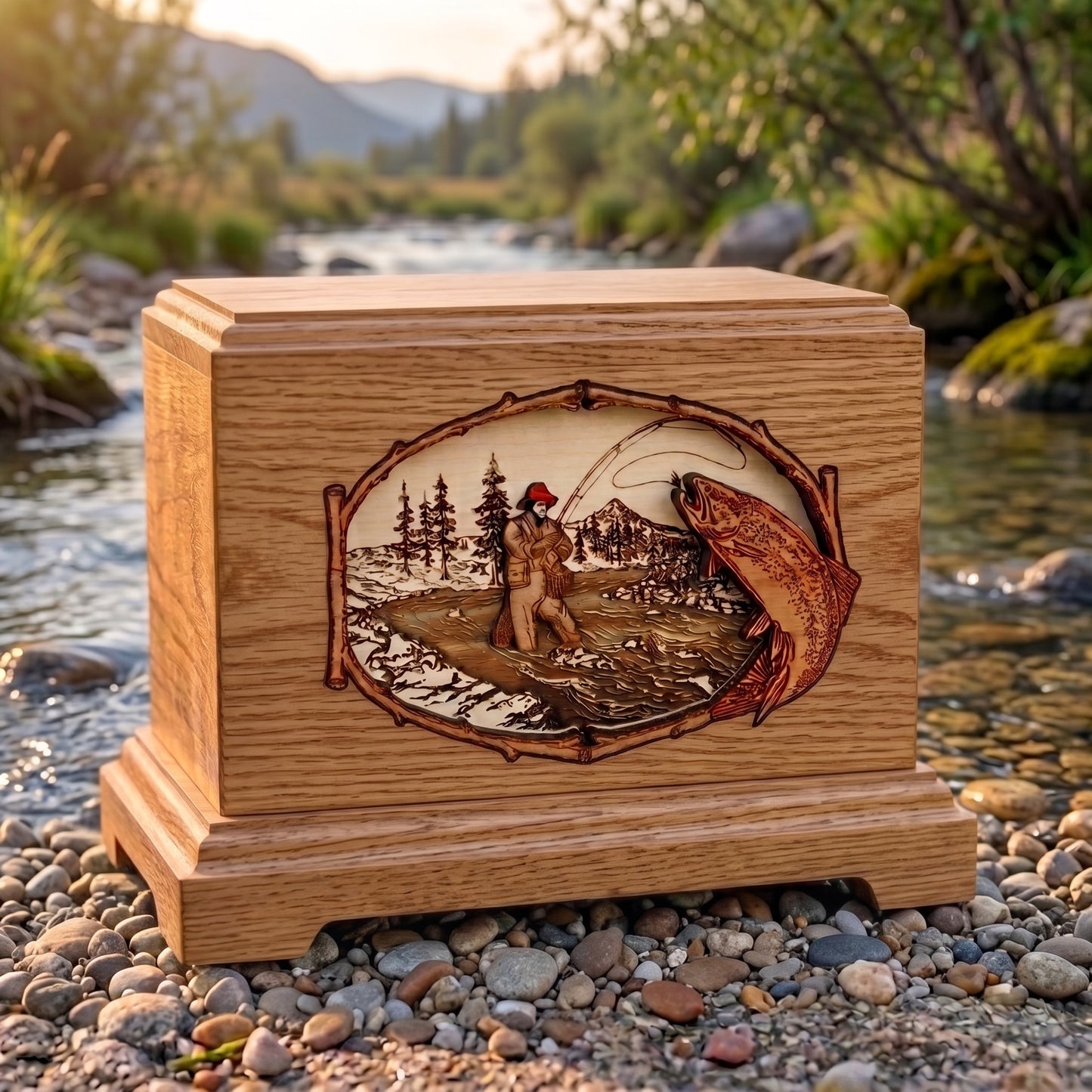 Hampton 3D Inlay Trout Stream Fishing Wood Memorial