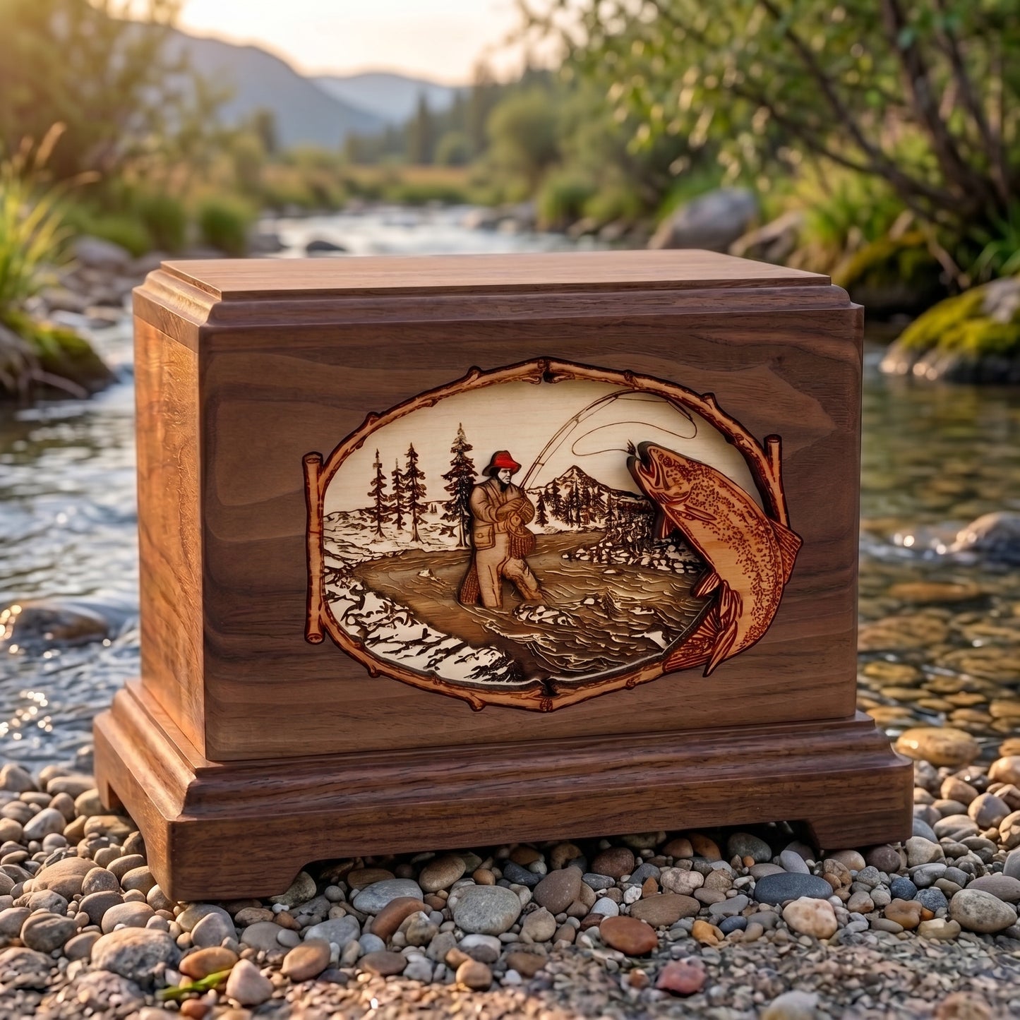 Hampton 3D Inlay Trout Stream Fishing Wood Memorial