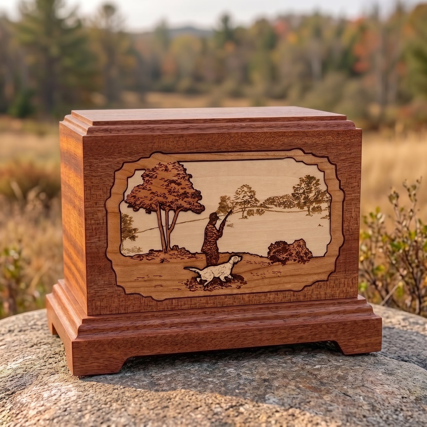 Hampton Hunter with Dog Wood Urn Memorial