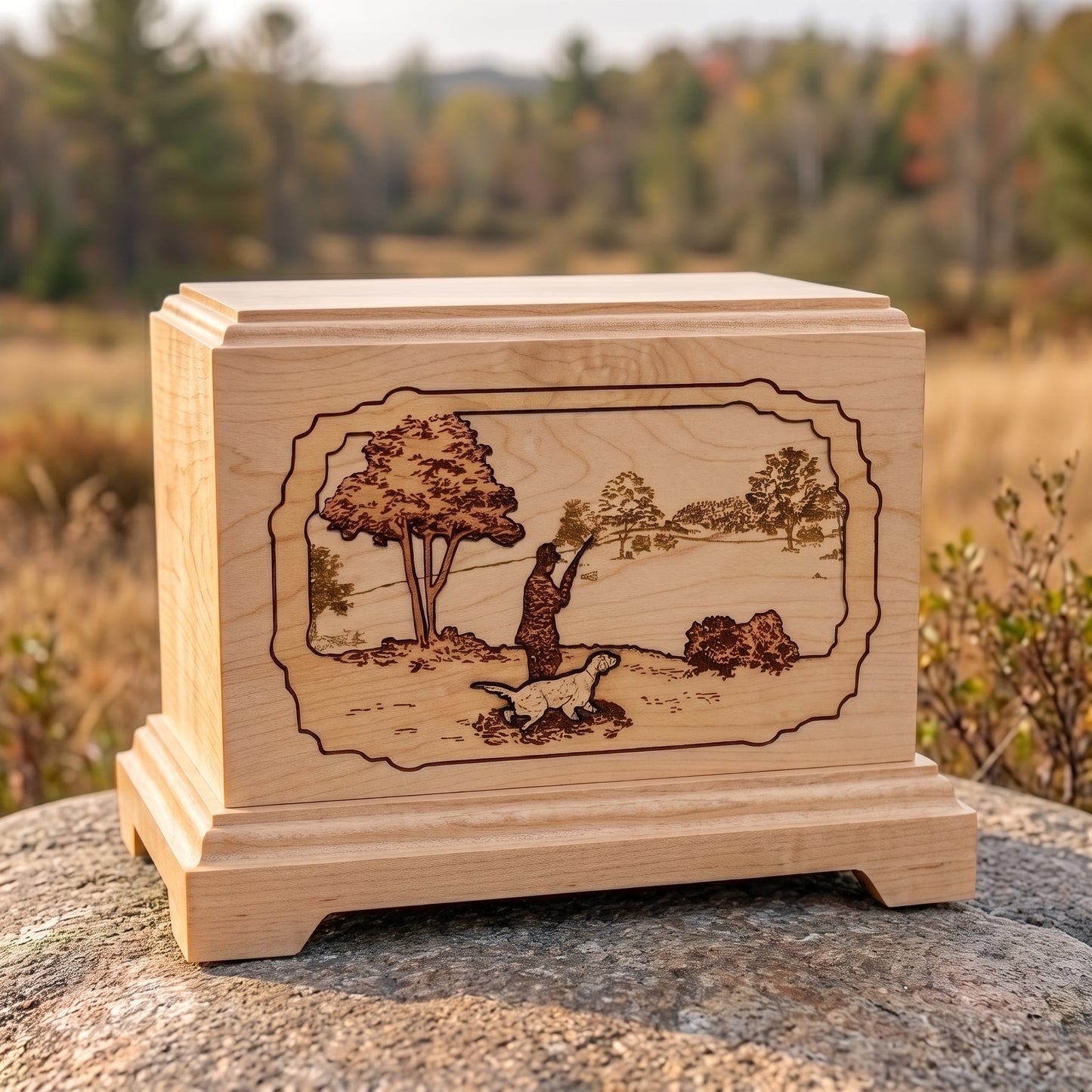 Hampton Hunter with Dog Wood Urn Memorial