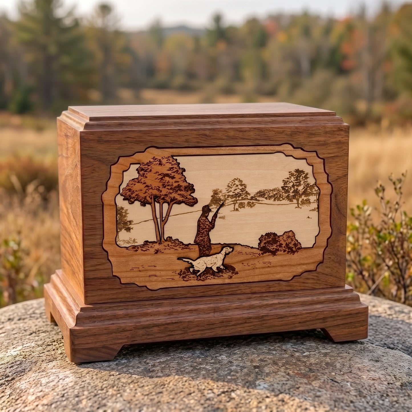 Hampton Hunter with Dog Wood Urn Memorial