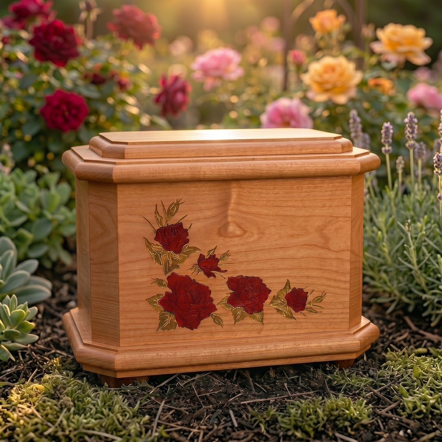 Octogon Inlay Roses Wood Memorial